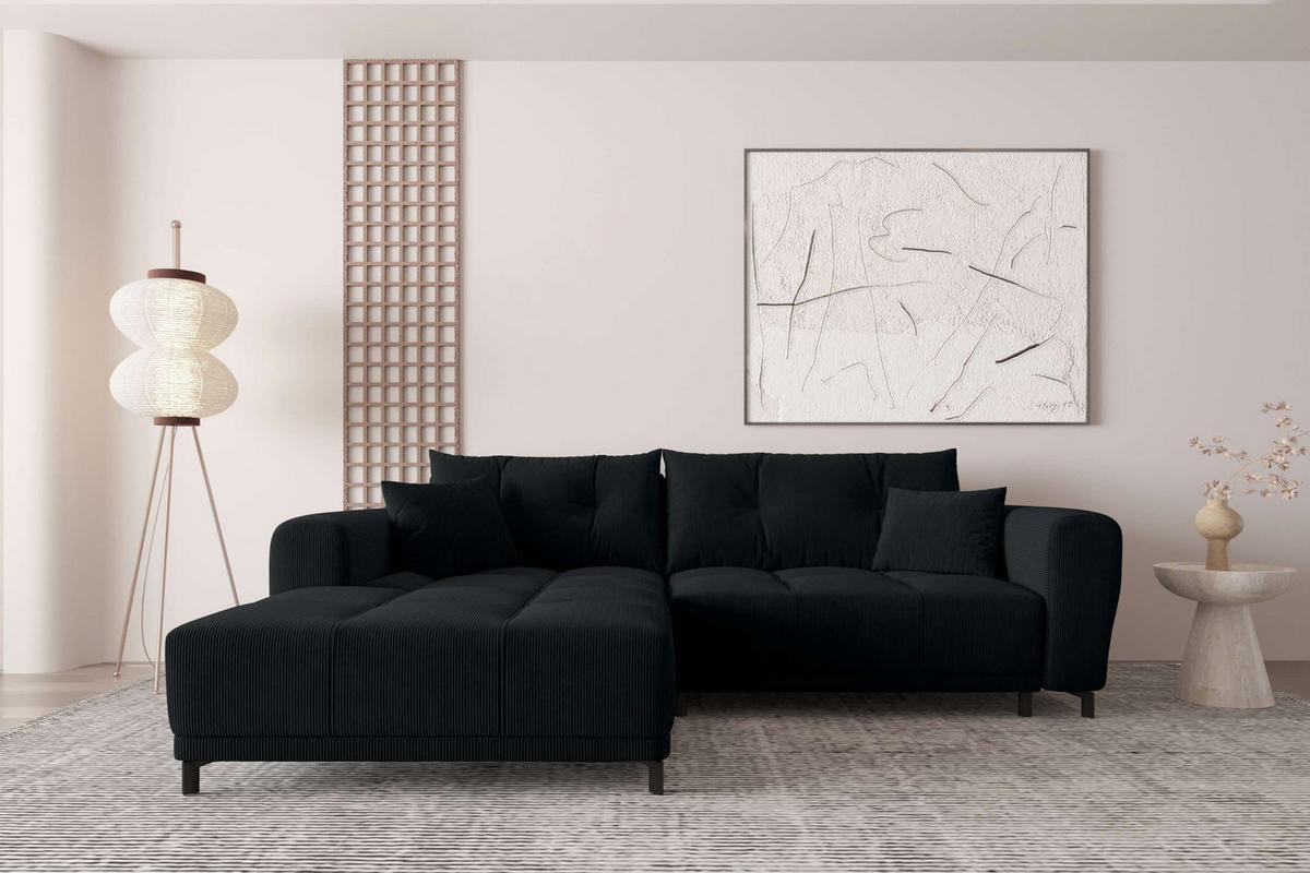 ECKSOFA Massimo Cordstoff Schwarz inkl. Schlaffunktion Links - Schwarz, Textil/Metall (246/177cm) - 99rooms