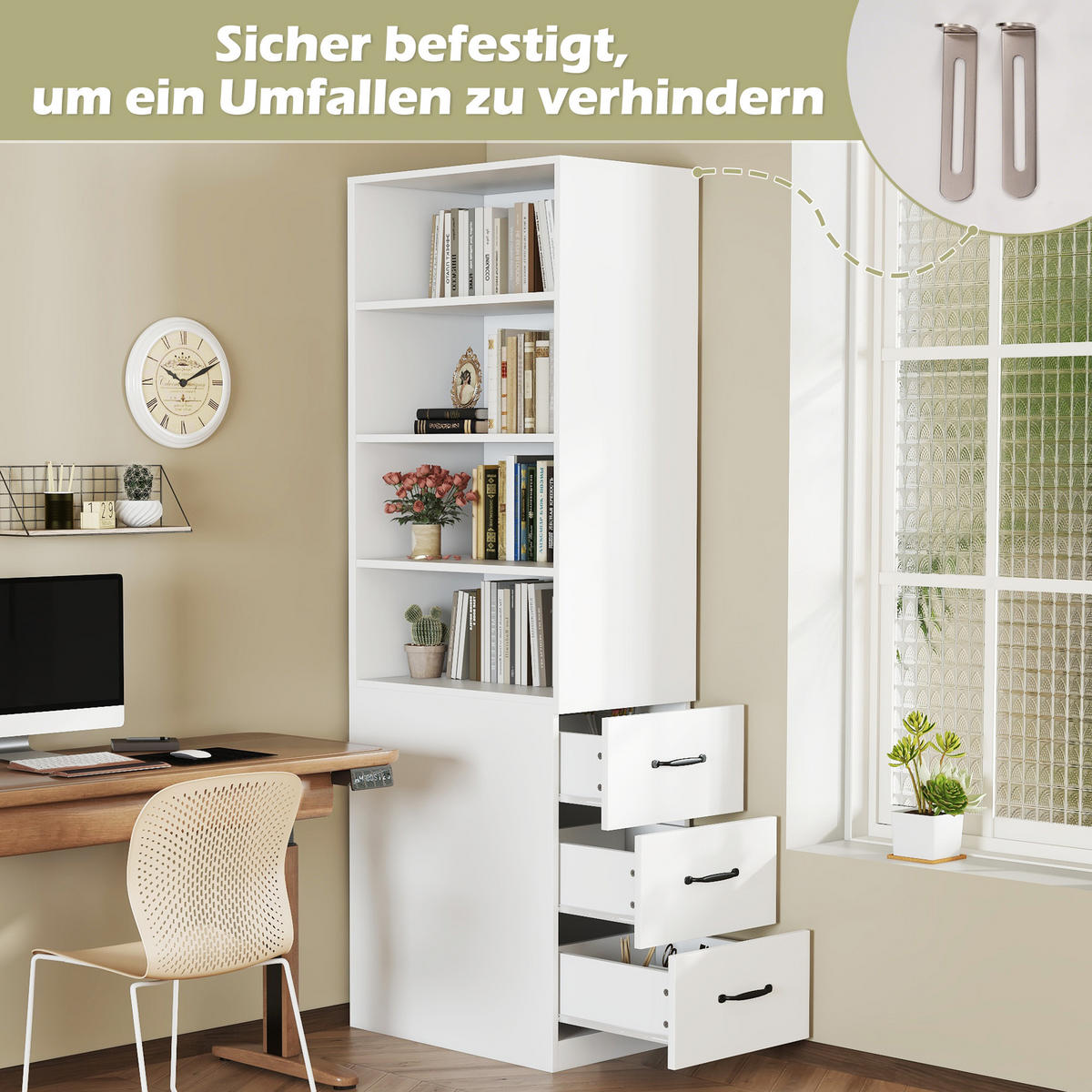 BÜCHERREGAL 180cm schmal Schubladen verstellbar modern - Weiß, Holzwerkstoff (60/180/38cm) - FLIEKS