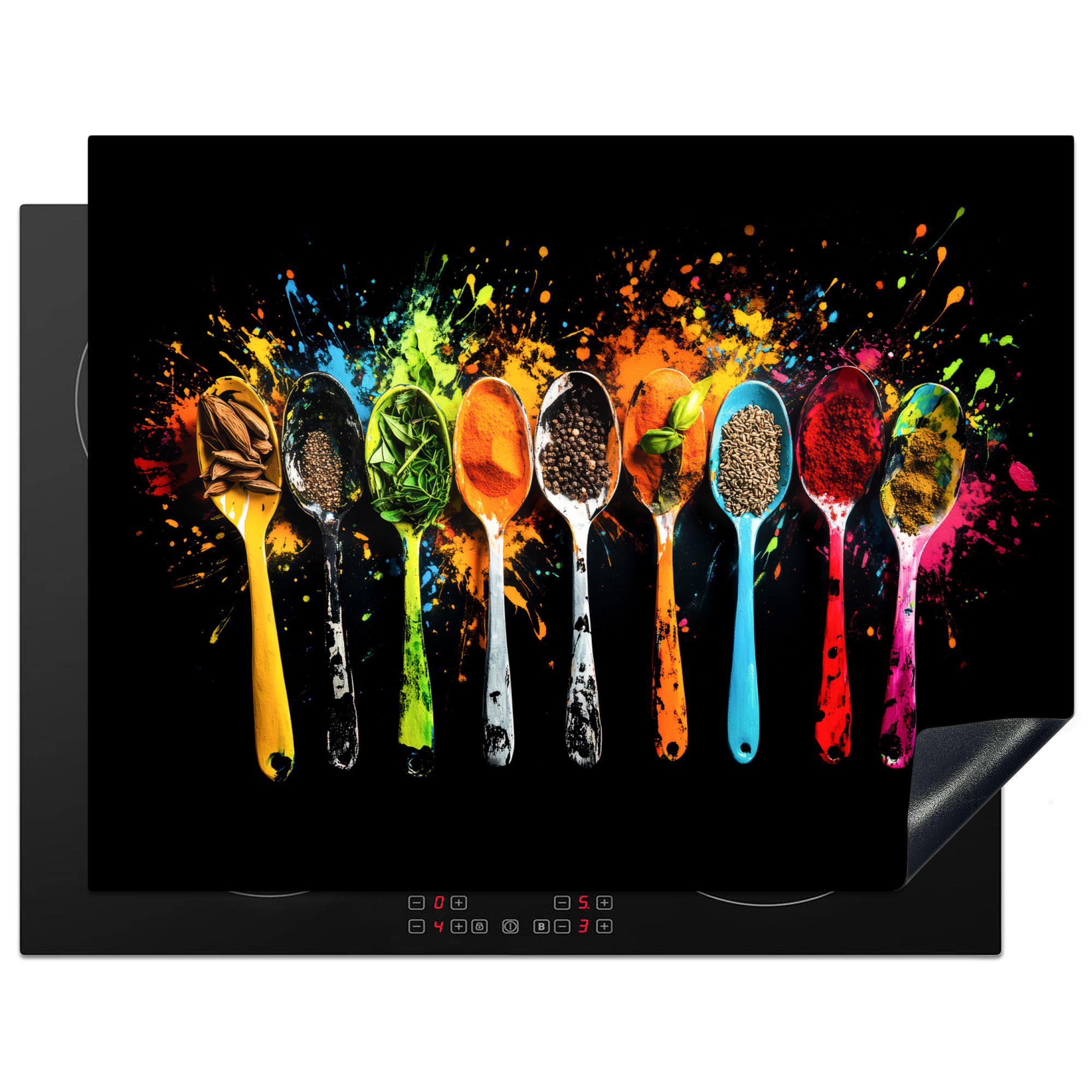 HERDABDECKPLATTE Löffel - Gewürze - Modern - Graffiti - Farbe - Farbenfroh 77x59 cm - Multicolor, Kunststoff (77/0.2/59cm) - MuchoWow