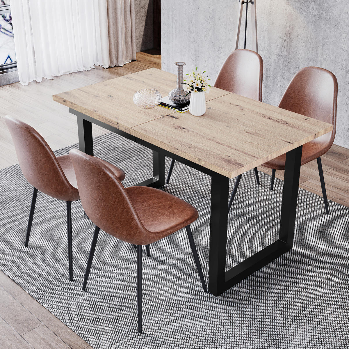 ESSTISCH aus MDF 140/180x80x75 cm Schwarz/Natur ausziehbar im Industriestil mit stabilem Metallgestell - Eichefarben, Holzwerkstoff (180/80/75cm) - Modfu