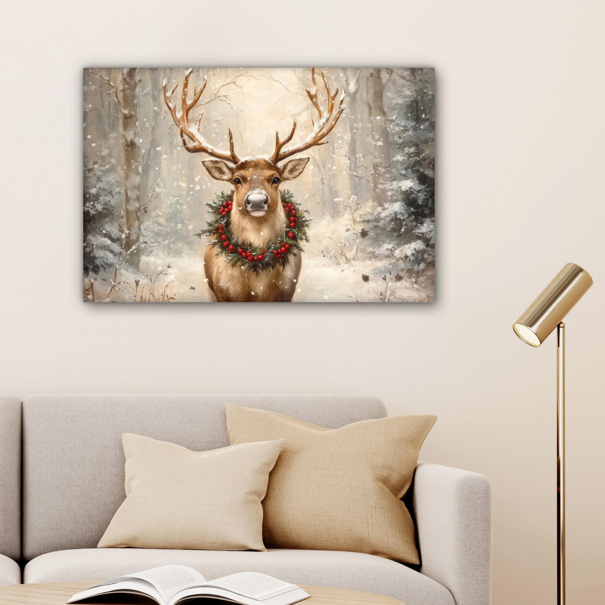 LEINWANDBILD Weihnachten - Rentier - Winter - Kranz Wanddeko 90x60 cm - Braun, Textil (90/60cm) - MuchoWow