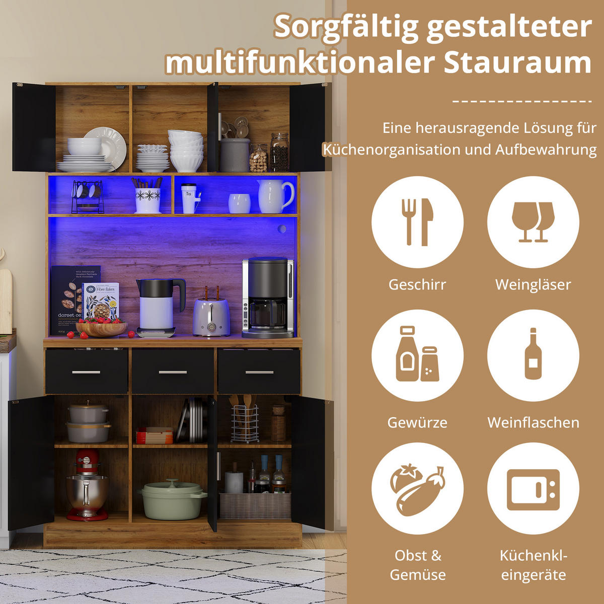KÜCHENBUFFET in Schwarz und Naturfarbe Küchenschrank mit LED und Schubladen für Küchen und Esszimmer, B100/T40/H180 cm - Schwarz, Holzwerkstoff (100/180/40cm) - STILVORA
