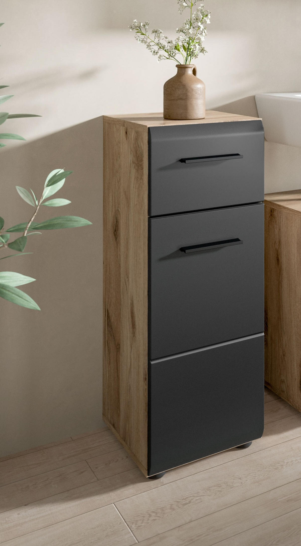 MIDISCHRANK schwarz matt, Eiche Nox, Bad Kommode 30 x 80 cm - Eichefarben/Schwarz, Holzwerkstoff/Kunststoff (30/80/30cm) - Inn.Furn