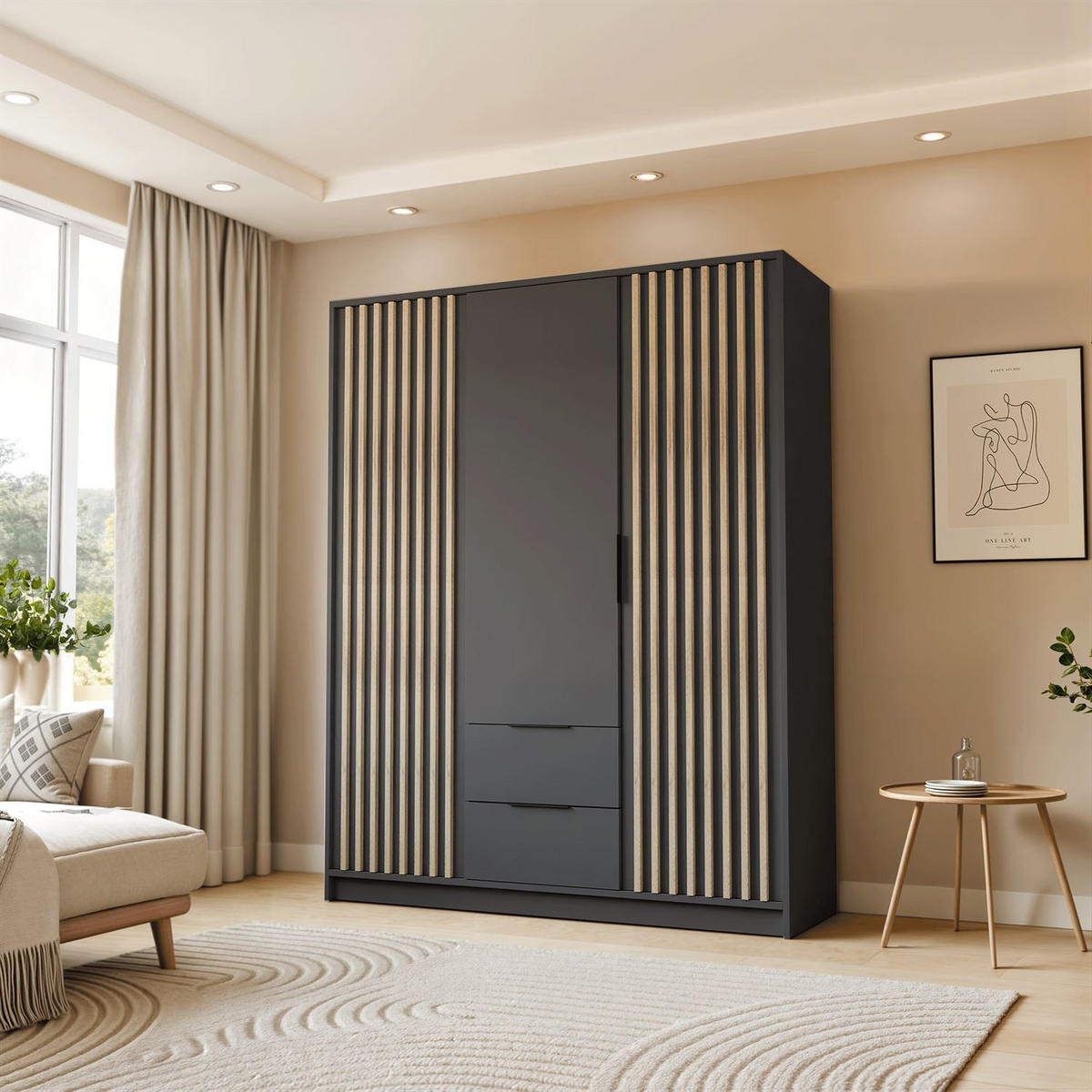 KLEIDERSCHRANK NELA, dreitürig mit Lamellen, 155 cm, Graphit/Artisan - Graphitfarben, Holzwerkstoff (155/200/51cm) - Lookway