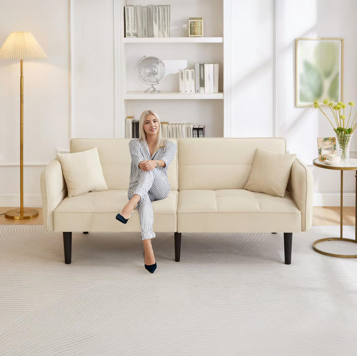 SCHLAFSOFA aus Samtstoff Beige mit verstellbaren Rückenlehnen, klappbaren Armlehnen und Schlaffunktion - Beige, Kunststoff (176/76/78cm) - Modfu