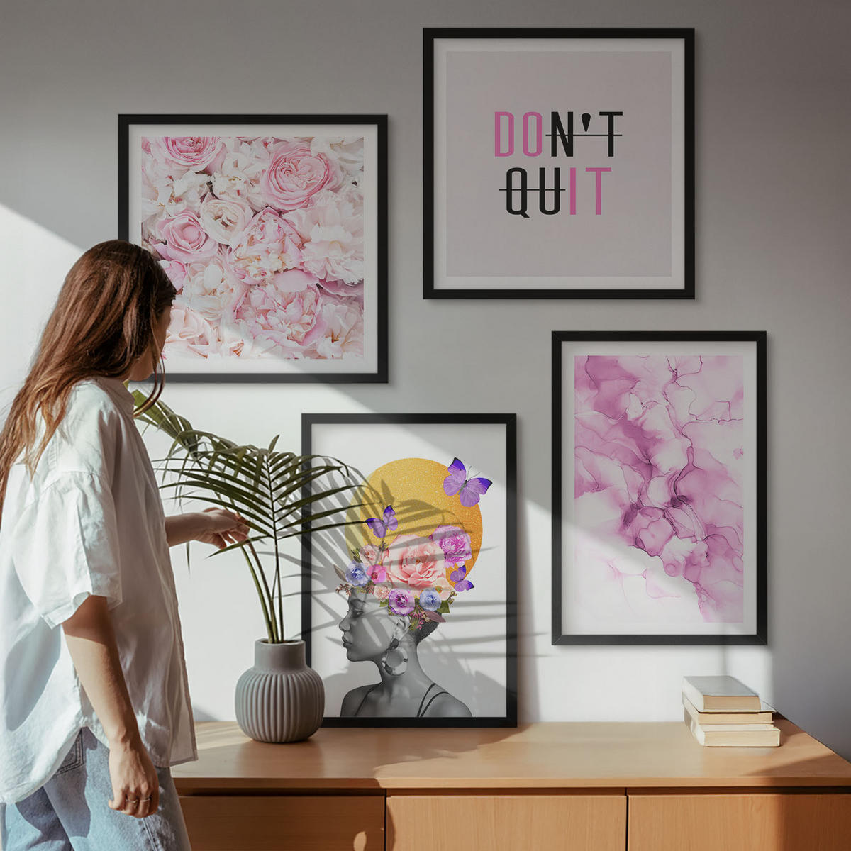 BILDER SET 4er Set - 50x50 cm & 40x60 cm Schwarzer Rahmen - Abstraktes Blumenporträt einer Frau - Schwarz, Kunststoff (50/50cm) - TULUP