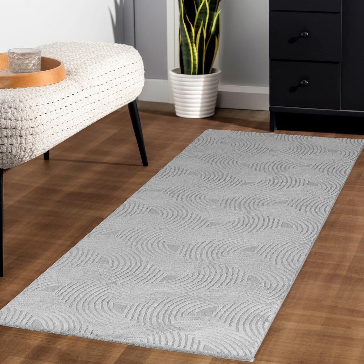 TEPPICH Schlafzimmer Hoch-Tief Elegant Waschbar Esszimmer Läufer Silber 80x250 cm – ILLER - Silberfarben, Textil (80/250cm) - KADIMA DESIGN