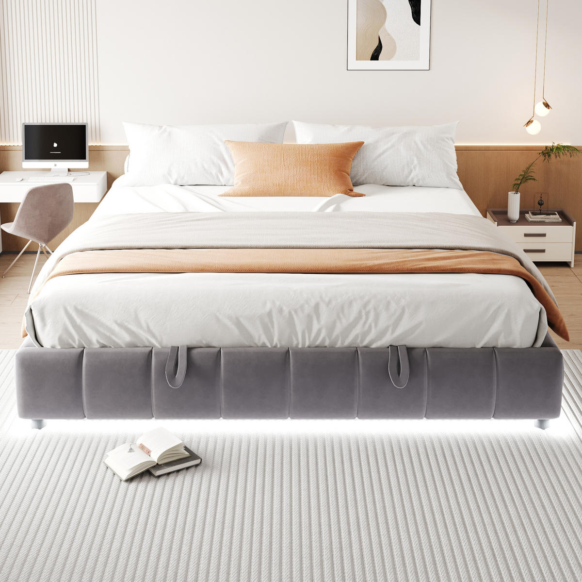 TAPECIRANI krevet 180/200 cm sivi od flanela s LED rasvjetom i spremištem - siva, tekstil (180/200cm) - OKWISH