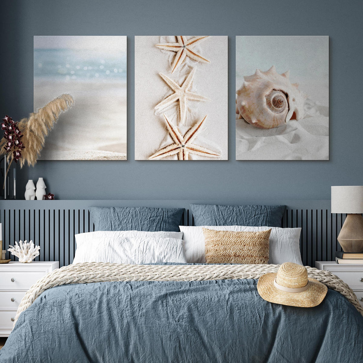 LEINWANDBILDER 3-er Set Muscheln Strand - Blau/Beige, Textil (90/40cm) - Muralo