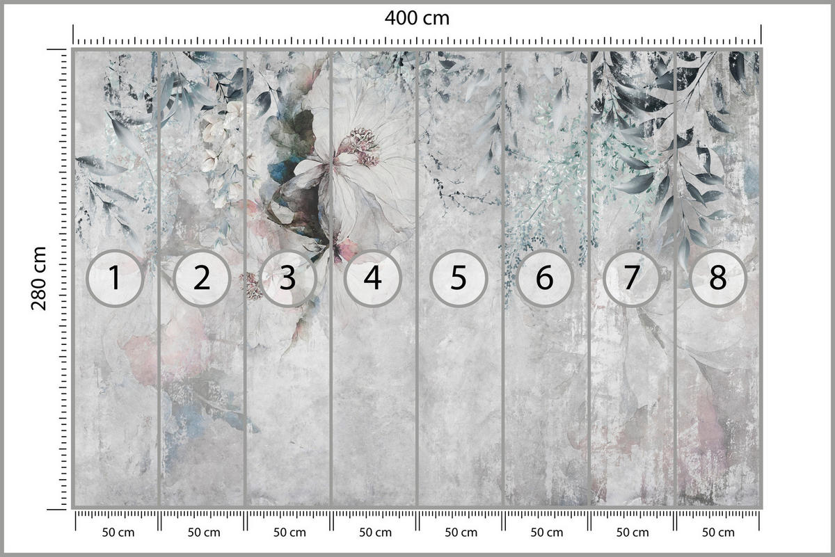 FOTOTAPETE für Schlafzimmer Zarte Blätter Beton Blumen Natur 400x280 - Schwarz/Rosa, Papier (400/280cm) - Muralo