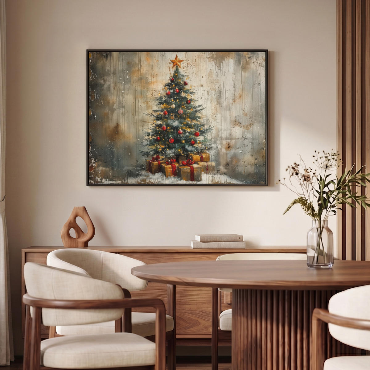 LEINWAND Bilder mit Rahmen - Weihnachtsbaum - Vintage - Weihnachten - Geschenk - 100x70 - Rostfarben, Textil (100/70cm) - MuchoWow