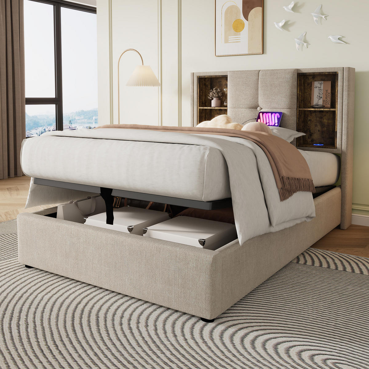 POLSTERBETT 90/200 cm Natur mit Stauraum, USB- und Type-C-Anschlüssen - Naturfarben, Textil (90/200cm) - Flora Grace