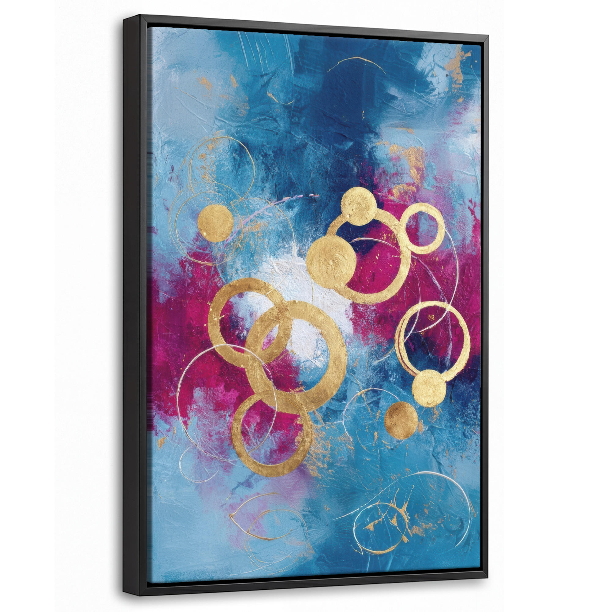 LEINWAND Bilder mit Rahmen - Kreise - Gold - Abstrakt - 20x30 - Blau, Textil (20/30cm) - MuchoWow