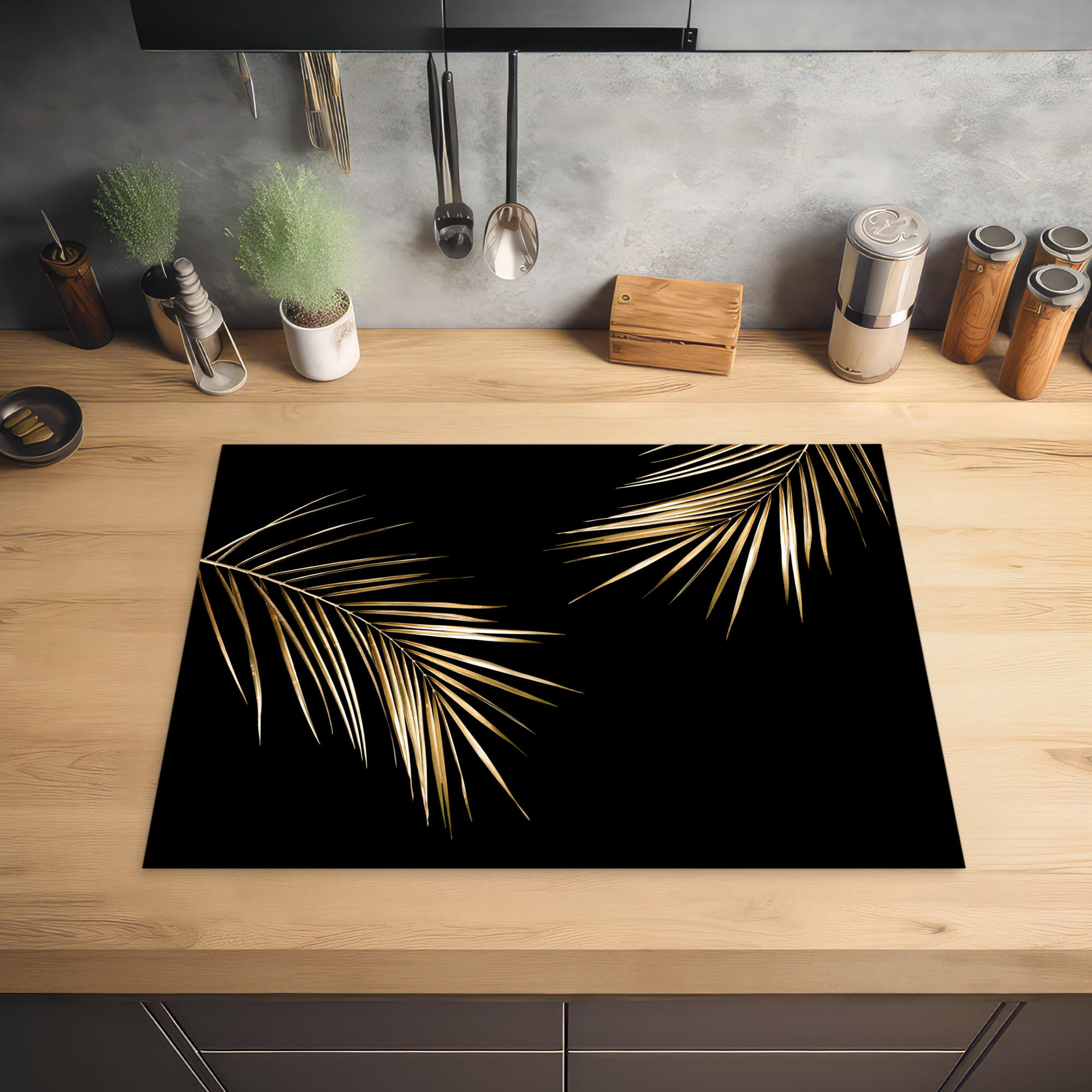 HERDABDECKPLATTE Blätter - Pflanzen - Gold - Schwarz - Luxus 70x52 cm - Goldfarben, Kunststoff (70/0.2/52cm) - MuchoWow