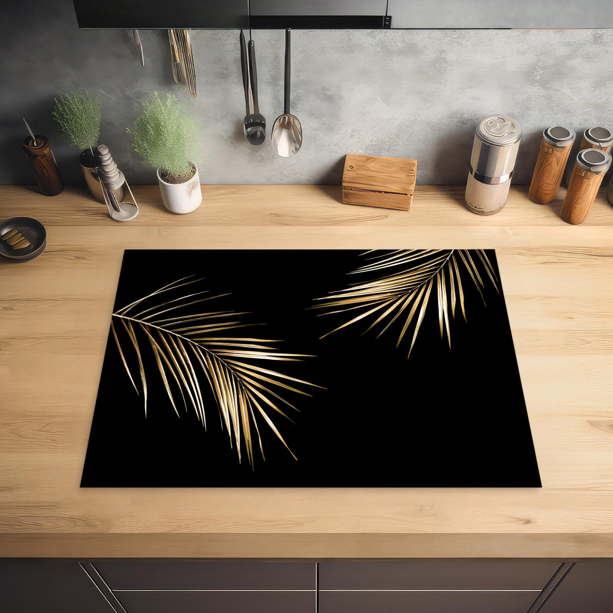 HERDABDECKPLATTE Blätter - Pflanzen - Gold - Schwarz - Luxus 70x52 cm - Goldfarben, Kunststoff (70/0.2/52cm) - MuchoWow