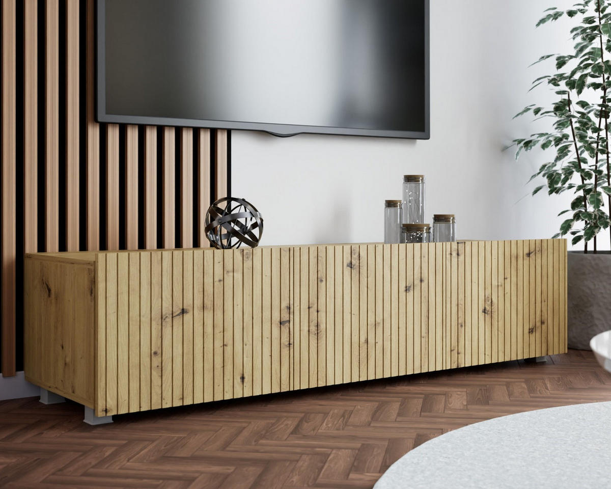 TV-LOWBOARD Kolder 150 cm Artisan Eiche mit geriffelten Fronten - Silberfarben/Eiche Artisan, Holzwerkstoff/Kunststoff (150/38/43cm) - Ravio