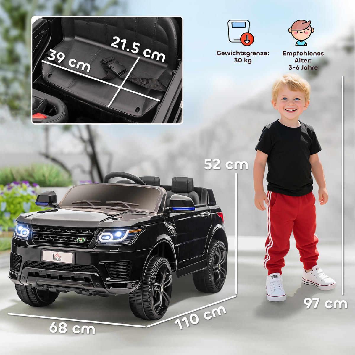 KINDER ELEKTROAUTO, Schwarz, Kunststoff+ Eisen - Schwarz, Metall (110/68/52cm) - HOMCOM