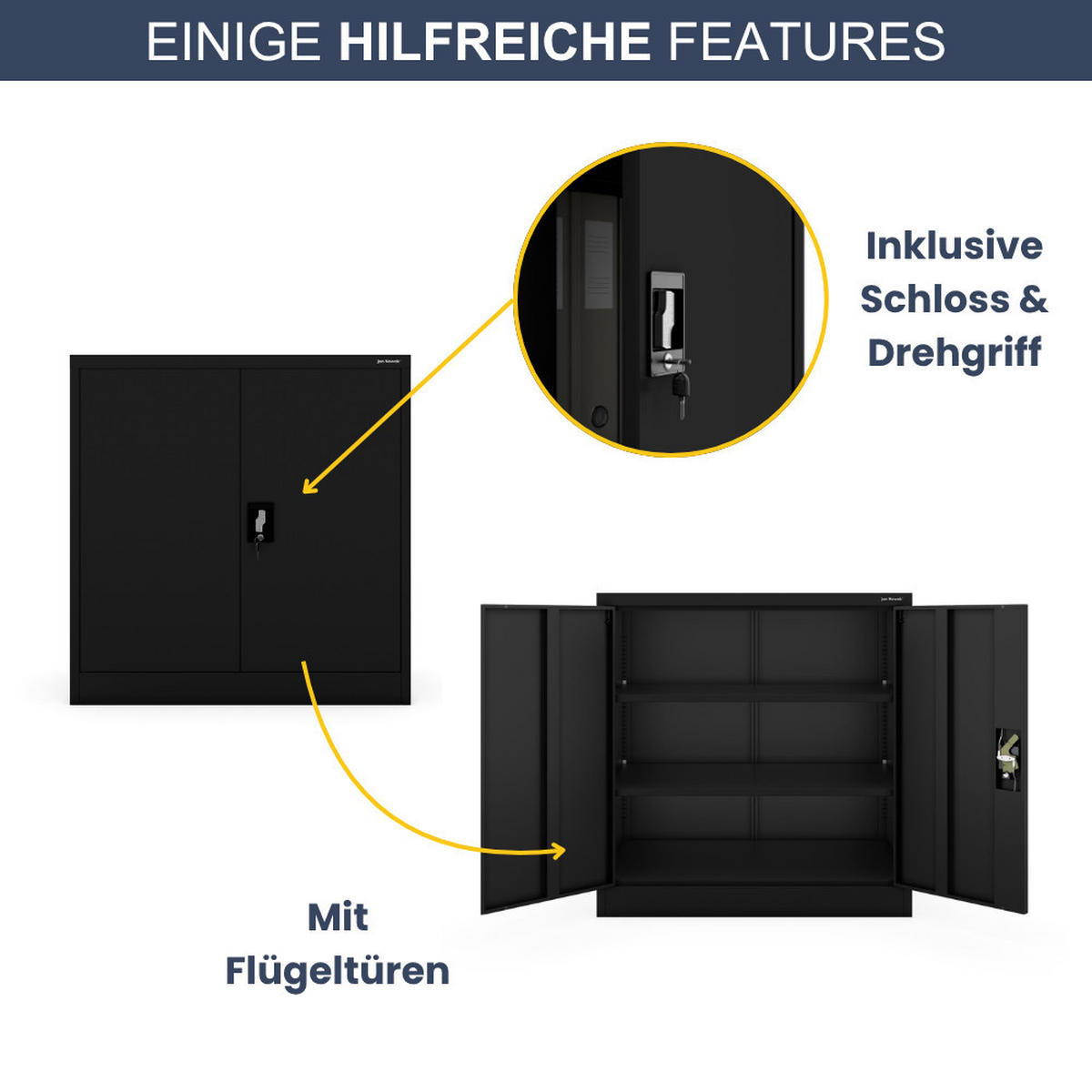 AKTENSCHRANK abschließbar KADO Flügeltüren 93x90x60cm Schwarz - Schwarz, Metall (93/90/60cm) - DELUKE