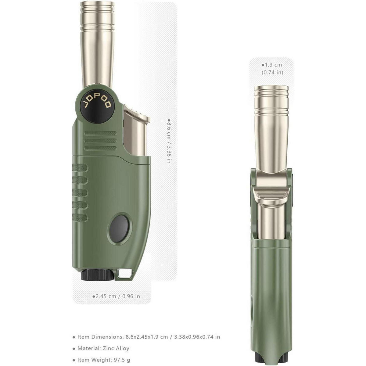 JETFLAME Feuerzeug Lang Winddicht Nachfüllbar mit Kraftstofffenster und einstellbarer Flamme - Olivgrün, Metall (2.5/1.9/8.6cm)