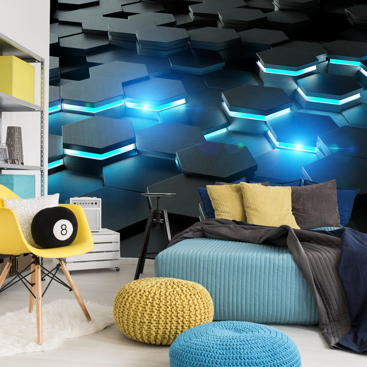 FOTOTAPETE für Jugendzimmer Schwarz Blau Hexagone 500x350 - Blau/Schwarz, Papier (500/350cm) - Muralo