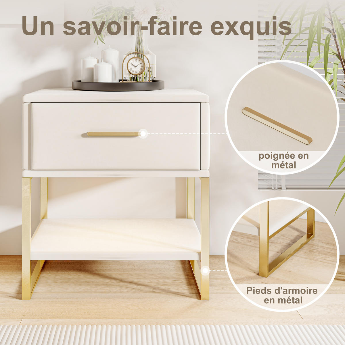 NACHTTISCH 2er-Set mit LED und 1 Schublade, Velours, beige - Beige, Holz (40/50/31cm)