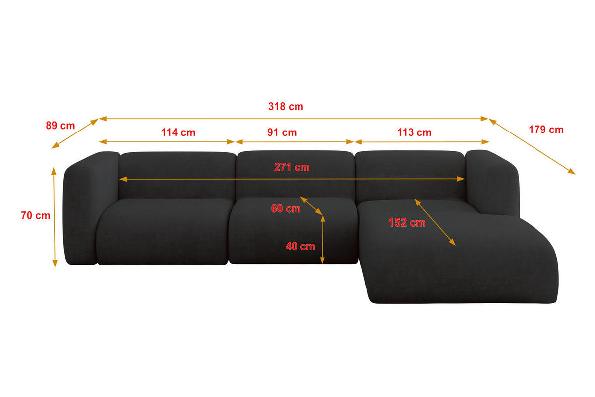 ECKSOFA Ottomane Rechts MIRA-L2 318x179x89 Schwarz Velours - Anthrazit/Schwarz, Holzwerkstoff/Kunststoff (318/179cm) - ALTDECOR