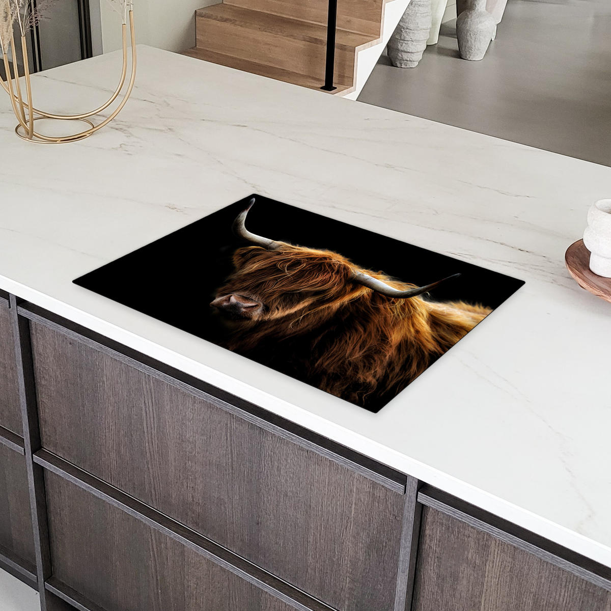 HERDABDECKPLATTE Schottischer Highlander - Hörner - Schwarz - Tiere - Natur - Wild - Kuh Herdabdeckung Induktionsfeld 75x52 cm - Cognac, Kunststoff (75/52/0.2cm) - MuchoWow