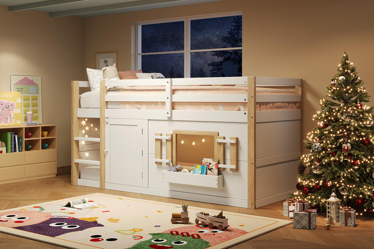 HOCHBETT 90/200 cm in Weiß mit Leiter und Spielfläche Massivholz - Weiß, Holz/Holzwerkstoff (90/200cm) - CHICFURN