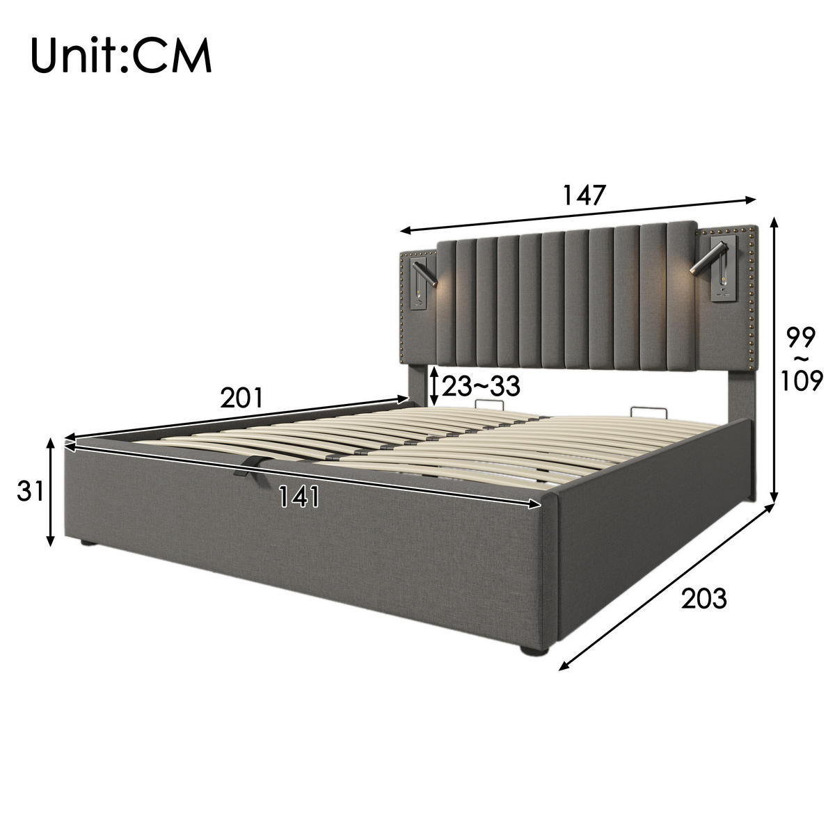 POLSTERBETT mit Bettkasten 140x200 cm Grau mit USB und Leselicht - Grau, Metall (140/200cm) - Meubliv