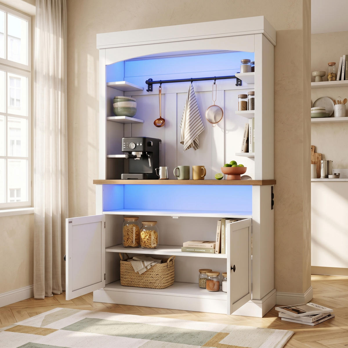 BUFFETSCHRANK Weiß 183cm mit LED-Beleuchtung, Steckdose & Kaffeebar - Weiß, Holzwerkstoff (106/183/43cm) - Urban Meuble