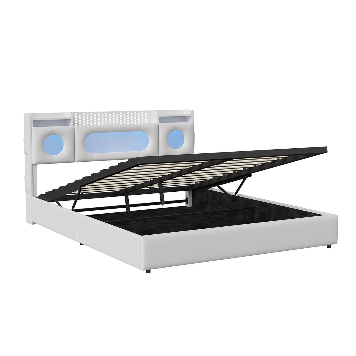 POLSTERBETT 140/200 cm Weiß mit hydraulischem Stauraum, LED-Kopfteil mit Ablage und USB-Anschluss - Weiß, Metall (140/200cm) - EuroLiving