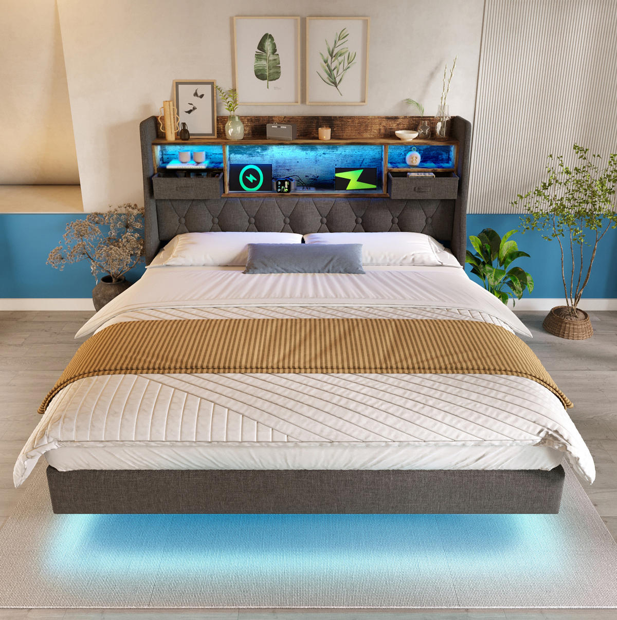 POLSTERBETT 160/200 cm grau aus Leinen mit LED und Ladestation - Grau, Textil (160/200cm) - OKWISH