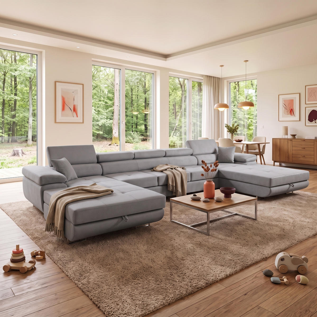 ECKSOFA U-Form ALONZO MAXI U mit Schlaffunktion 125x318 Velours Grau - Silberfarben/Grau, Holz/Textil (400/90/203cm) - Muffo