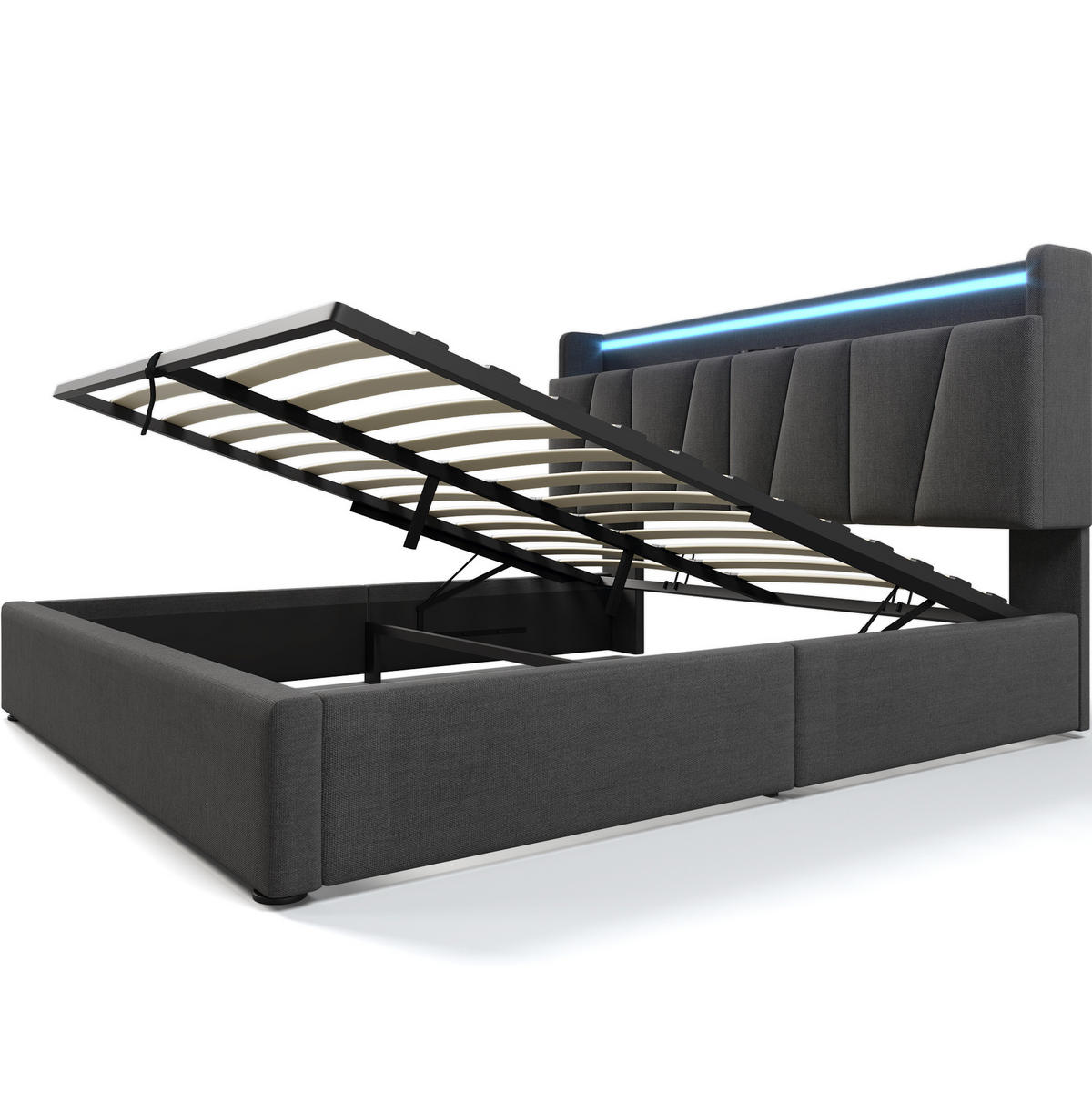 POLSTERBETT 140/200 cm mit LED-Beleuchtung, Bettkasten und USB-Ladefunktion - Grau, Textil (140/200cm) - BEAOK