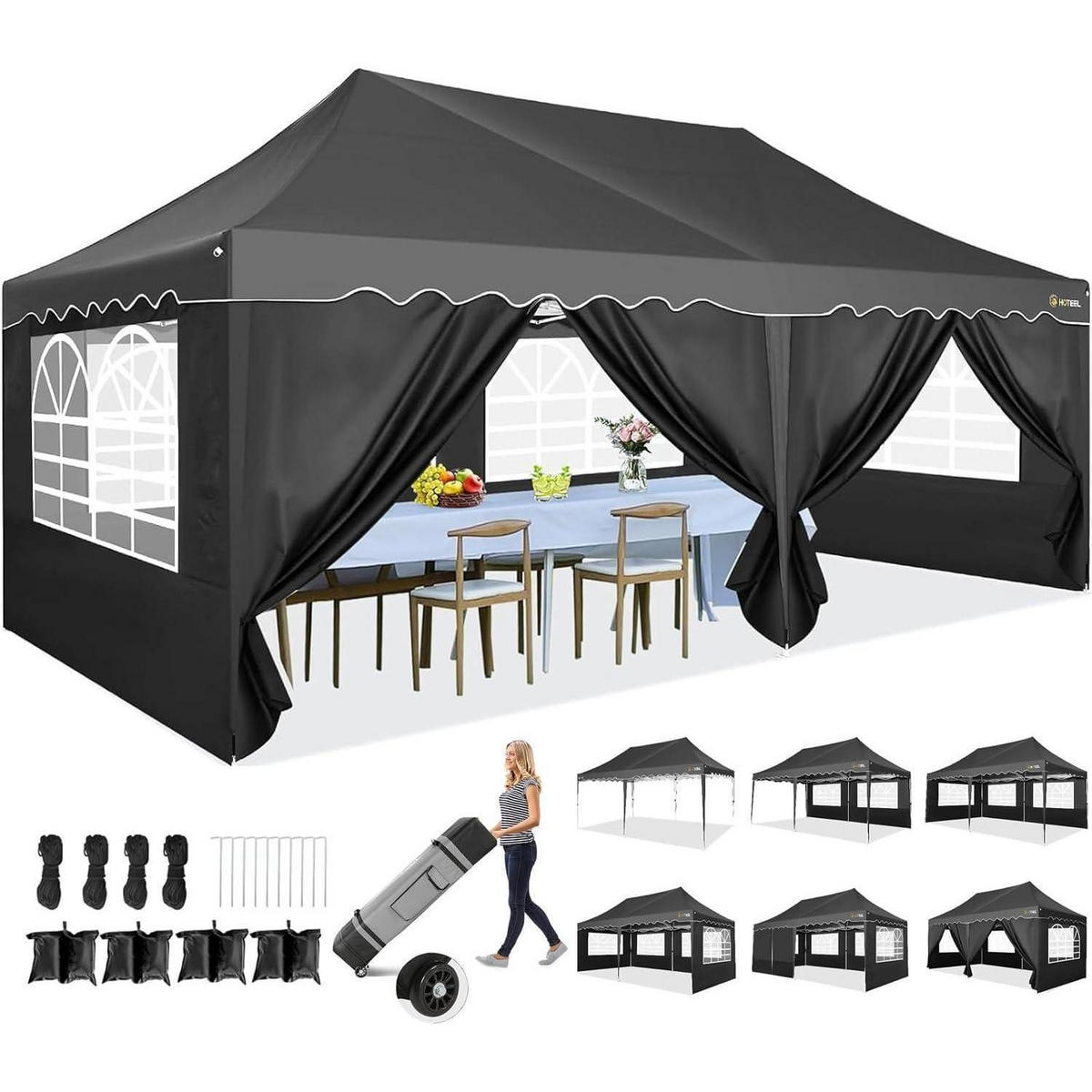 FALTPAVILLON 3x6m Wasserdicht UV50+ Schwarz mit Seitenwänden - Schwarz, Textil (300/203/600cm)
