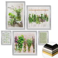 WANDBILDER 5er Set - 50x50 cm & 20x30 cm & 40x60 cm Silberner Rahmen - Getrocknete Kräuter für die Küche - Silberfarben, Kunststoff (40/60cm) - ArtPrintCave