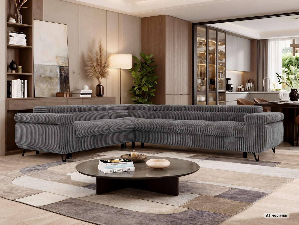 ECKSOFA NORDEN L - Grau Cord - Rechts Seite - Schwarz/Grau, Textil/Metall (329/269cm) - MKS