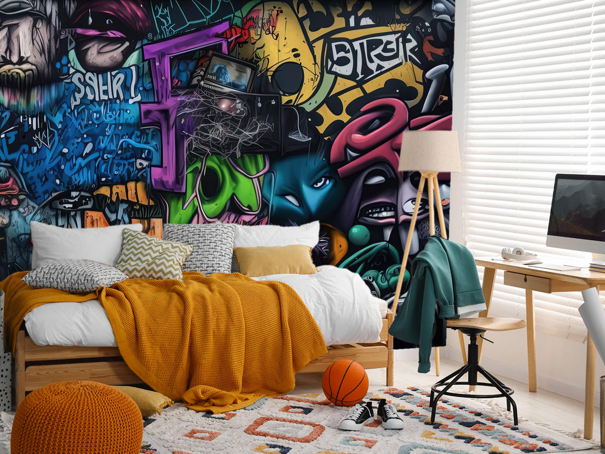 FOTOTAPETE für Jugendzimmer Bunte Graffiti Figura Schrift Abstrakt 200x140 - Blau/Pink, Papier (200/140cm) - Muralo