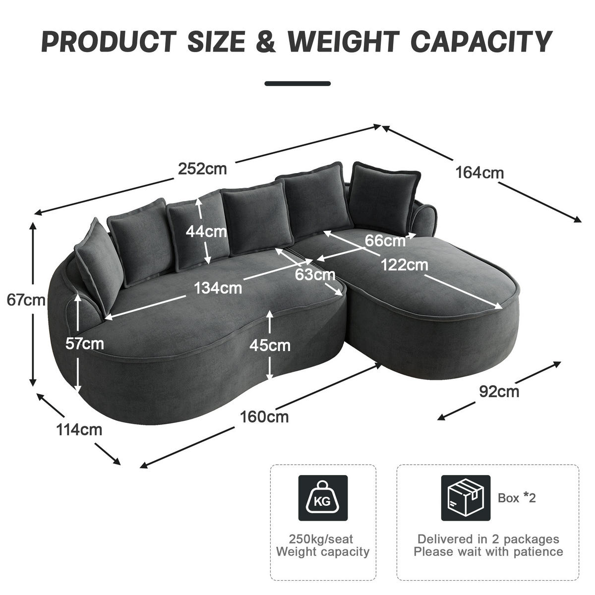3-SITZER Sofa 252x164x67 cm aus Chenille-Stoff rahmenlos ohne Montage, grau - Grau, Textil (164/67/252cm)