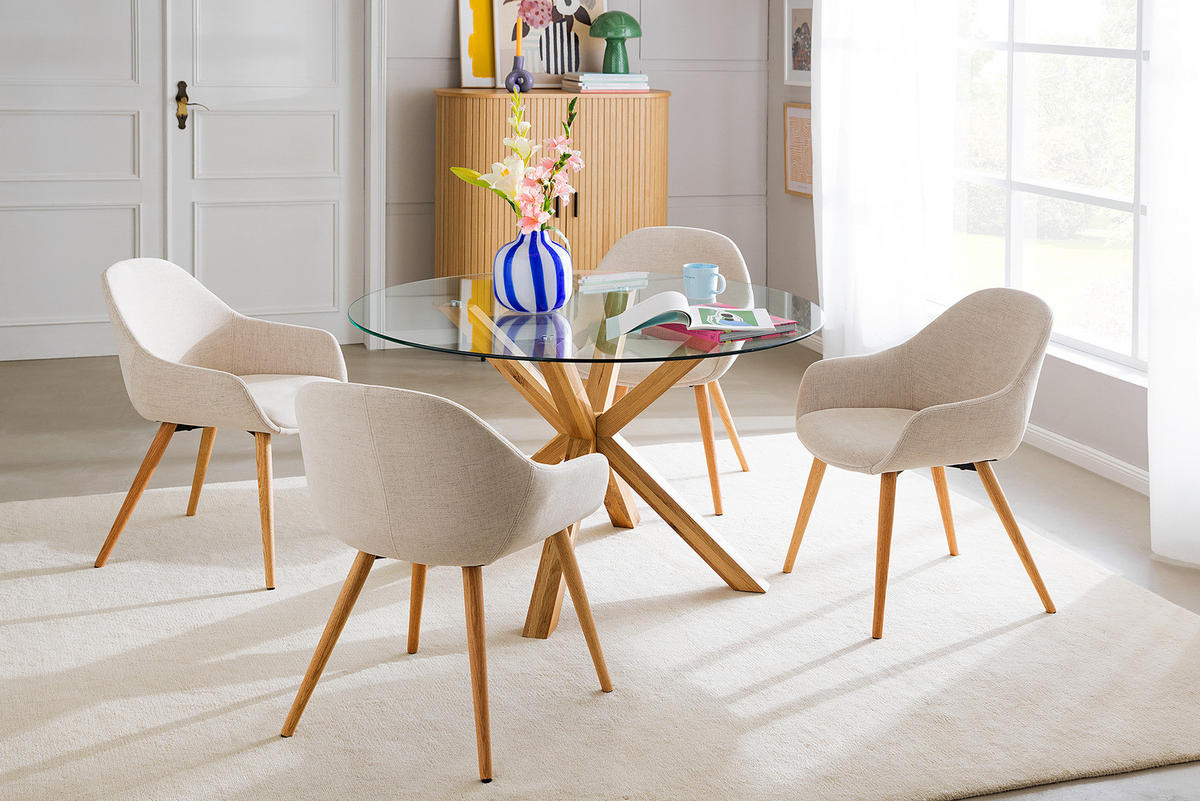 POLSTERSTUHL - Leinen / Eiche massiv, 2er-Set - Eichefarben/Creme, Holz (58/84/61cm) - home24