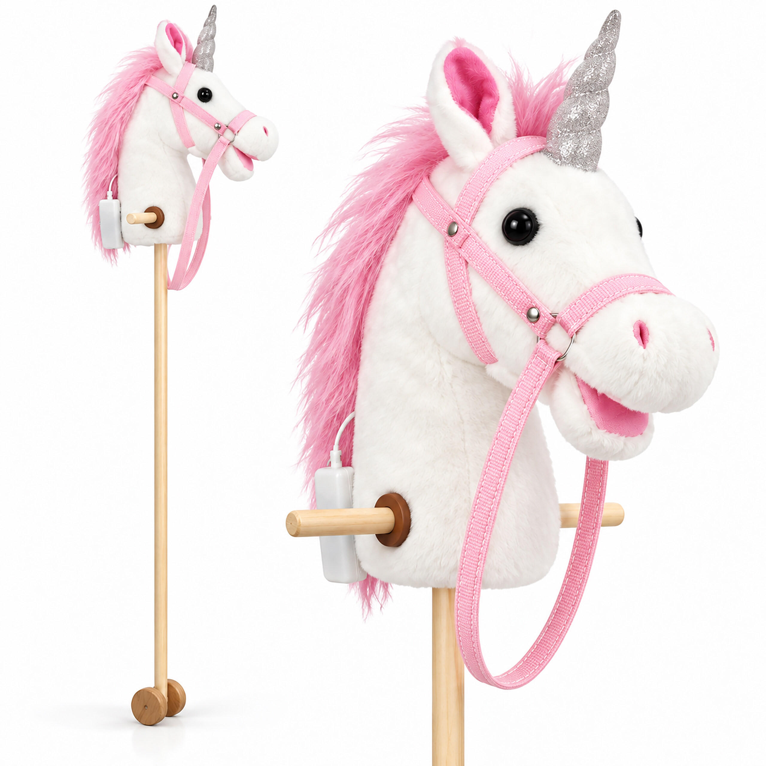 STECKENPFERD Weiß Rosa mit Sound Plüschkopf 95 cm - Weiß, Holz/Kunststoff (20/95/20cm) - Relaxdays