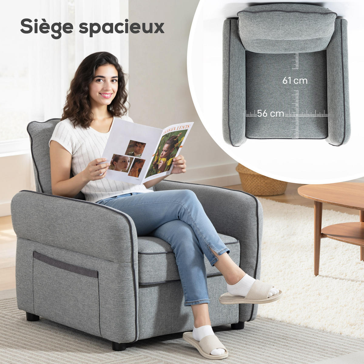 SESSEL DE-13491 1-Sitzer mit Seitentasche, ägyptischer Samt Grau - Grau, Textil (80/90/81cm) - ComfortXL