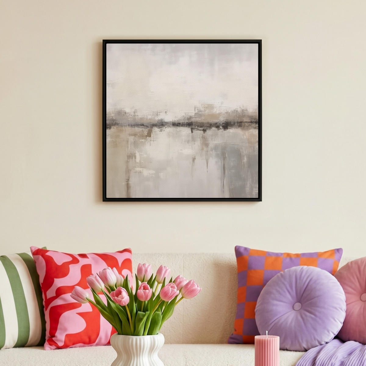 LEINWAND Bilder mit Rahmen - Moderne Kunst - Abstrakt - Beige - 50x50 - Beige, Textil (50/50cm) - MuchoWow
