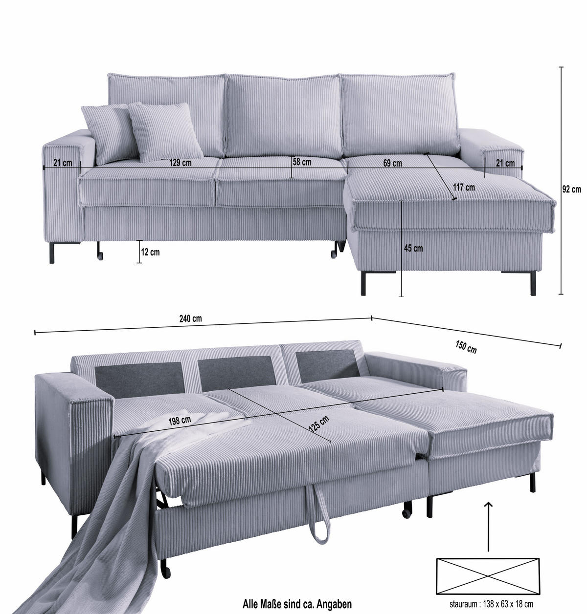 ECKSOFA mit Schlaffunktion, Bettkasten, Wellenunterfederung, Récamiere rechts B240/T150/H92 cm, Liegefl. 125x198 cm, Cord Beige Grau / 17220 - Greige/Beige, Textil/Metall (240/150cm) - luma-home