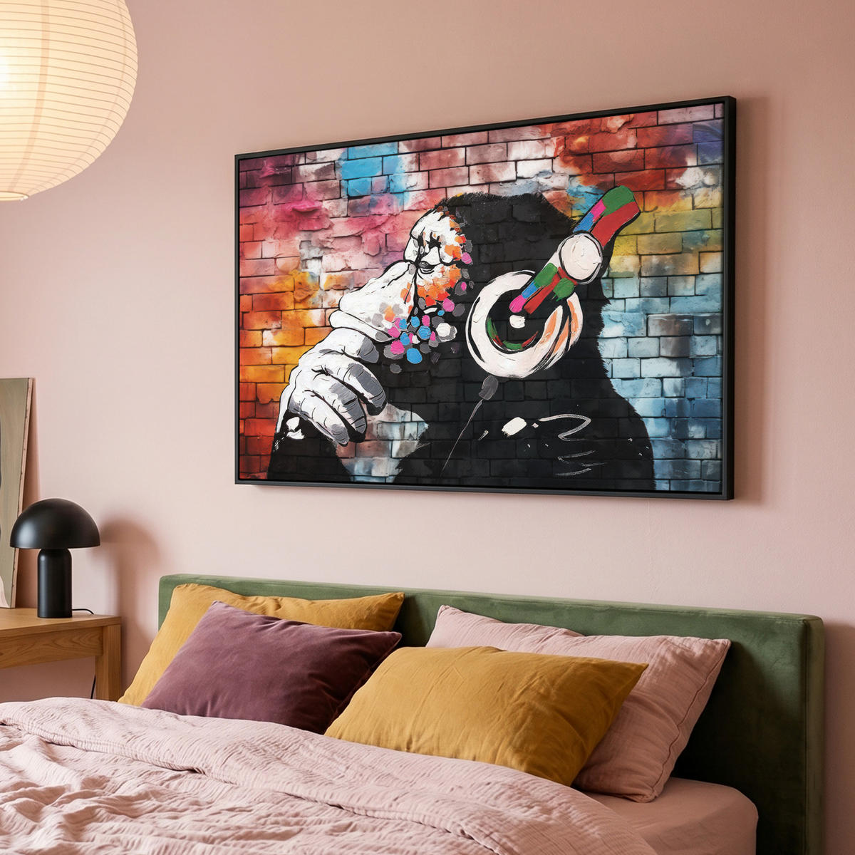 LEINWAND Bilder mit Rahmen - Affe - Graffiti - Musik - 120x80 - Multicolor, Textil (120/80cm) - MuchoWow