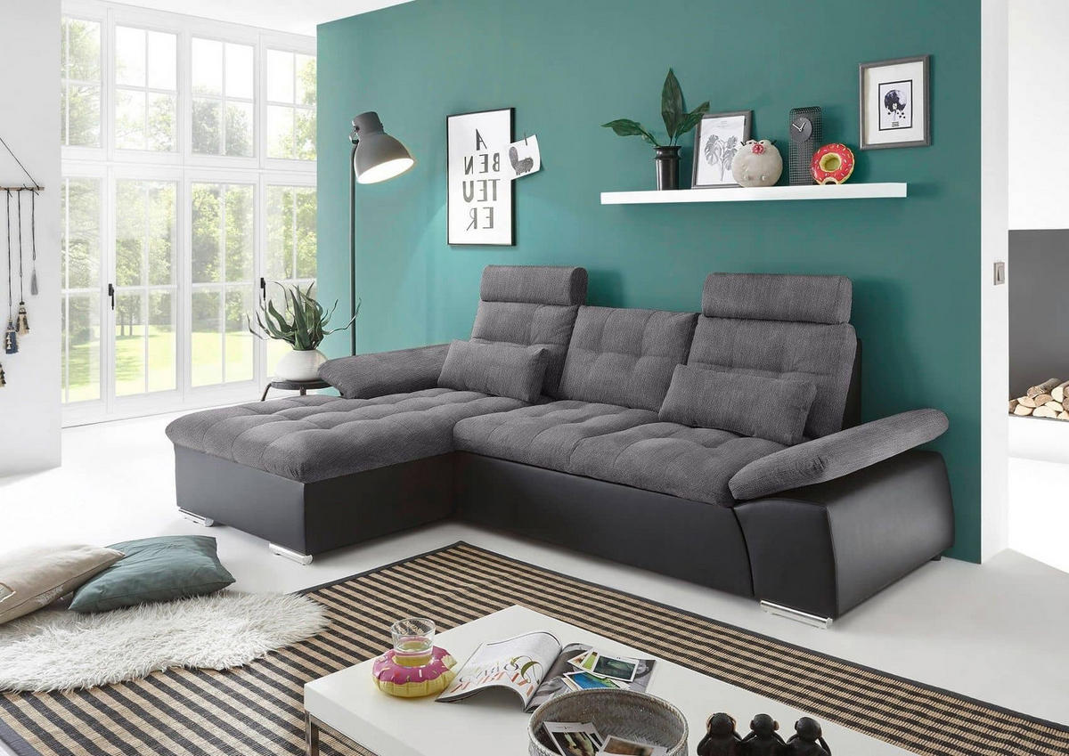 ECKSOFA mit Schlaffunktion und verstellbaren Armlehnen - Chromfarben/Anthrazit, Kunststoff/Textil (268/170cm) - ed exciting design