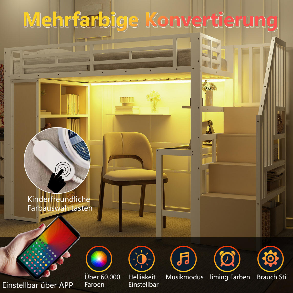HOCHBETT 90/200 cm Weiß mit LED, Schreibtisch und Stauraum - Weiß, Metall (90/200cm) - MIVRAY