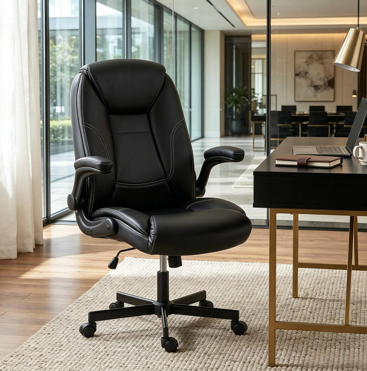 BÜROSTUHL in Schwarz 77x69,5x106 cm, höhenverstellbar mit hochklappbaren Armlehnen - Schwarz, Leder (69.5/106/77cm) - IVMEU