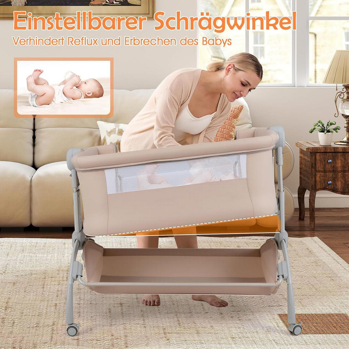 BABYWIEGE mit Matratze beige - Beige, Textil - COSTWAY