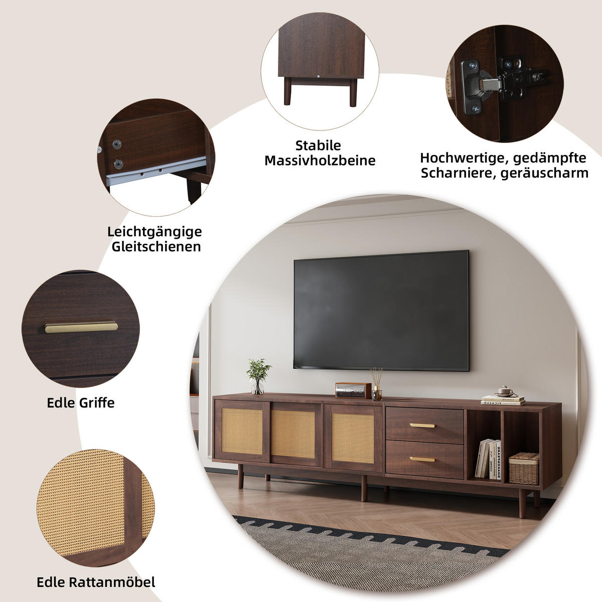 TV-SCHRANK 190 cm Braun & Rattan mit Schiebetüren, 2 Schubladen & 6 Füßen im Retro-Design - Braun, Holzwerkstoff (190/52/40cm) - Urban Meuble